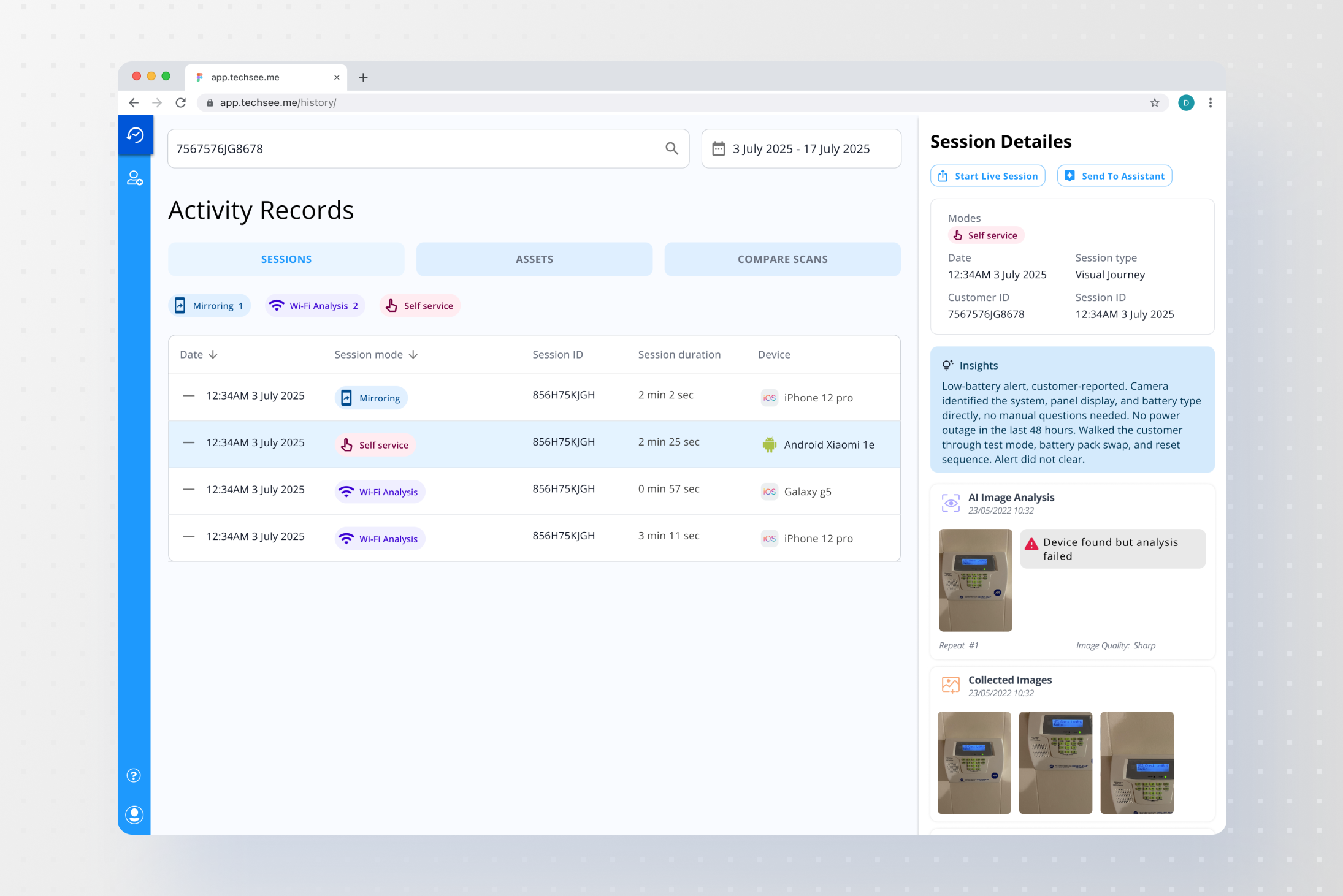 Activity records with session details: an AI written insight, image analysis, and the collected images from the session
